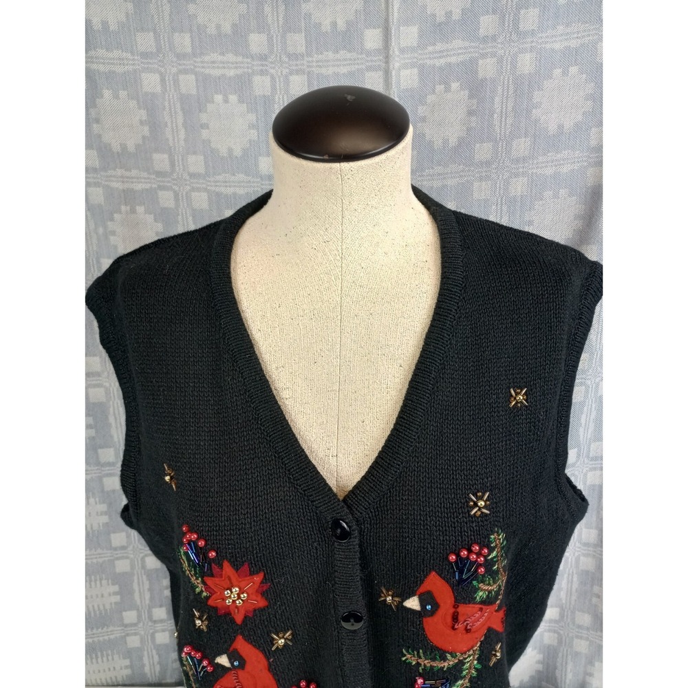 KIM ROGERS CARDINAL CHRISTMAS VEST WOMENS LARGE EMBROIDERED AND BEADED SLEEVELES - Picture 11 of 11